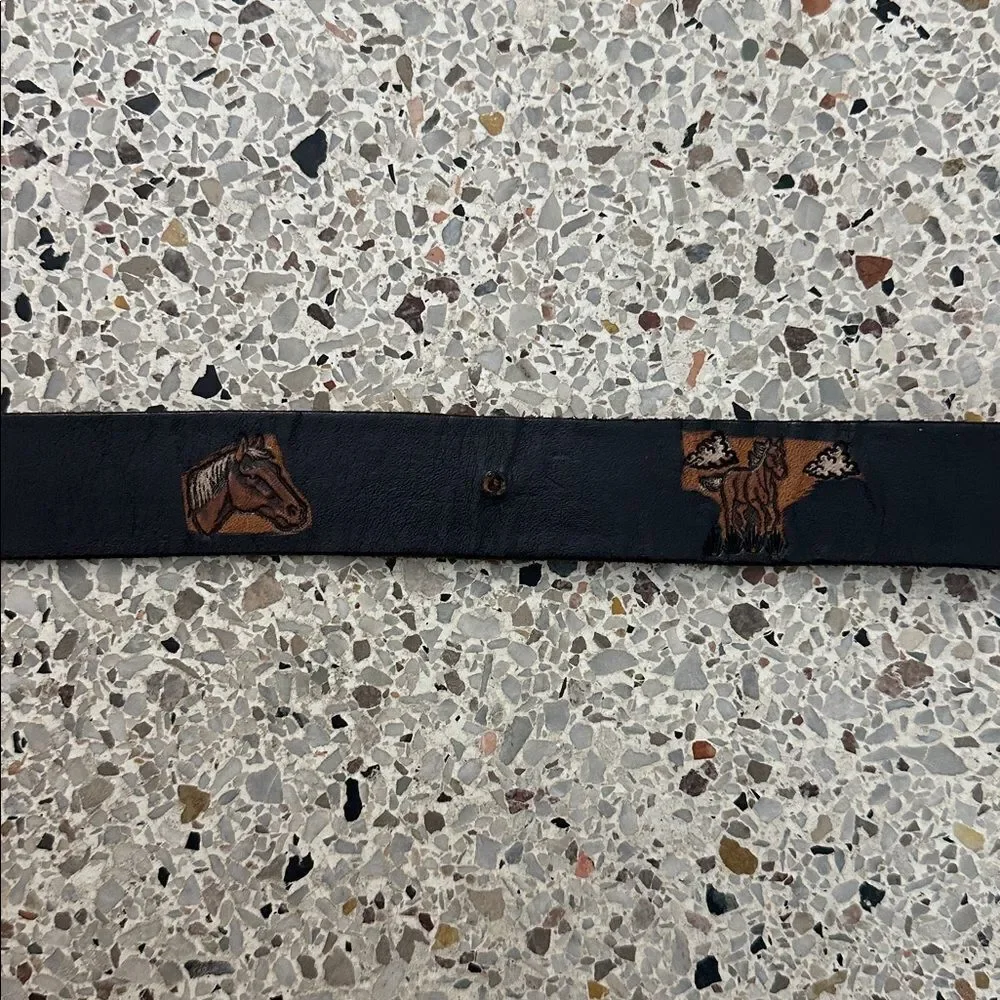 Brown leather horse belt with engraved buckle large L rodeo cowboy 47”